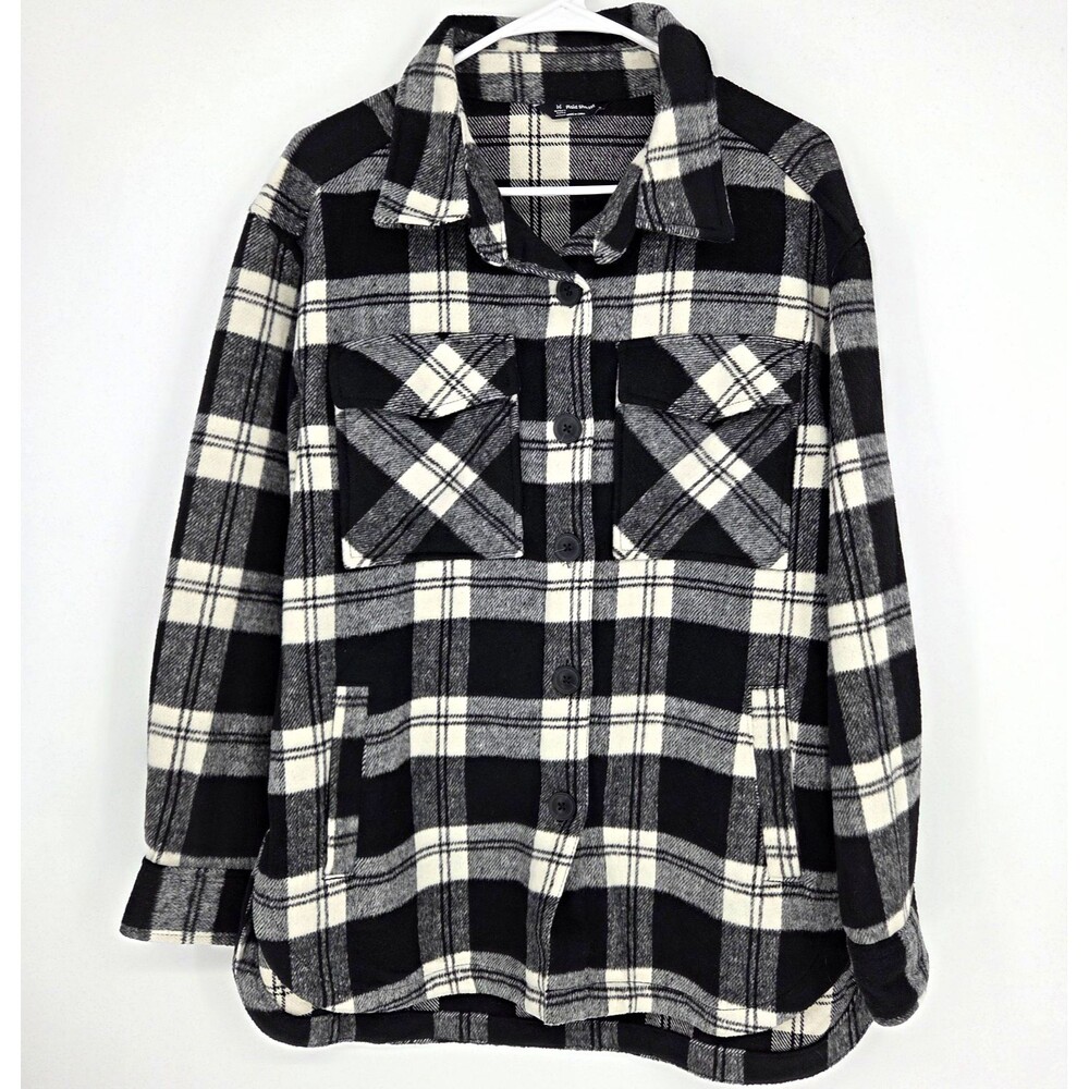 Member's Mark Womens Plaid Shacket Jacket Button Pockets Black White Medium